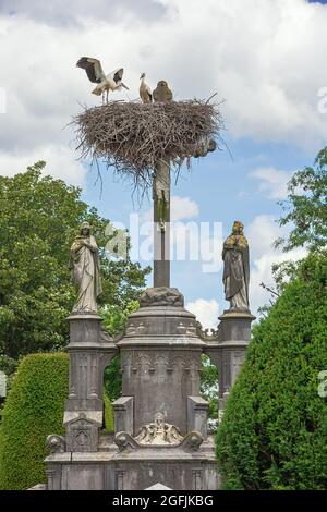 Pair of storks arranging their nest above Jesus' cross at the graveyard in Muizen near Mechelen Stock Photo