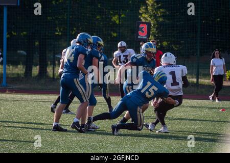 Kiev Ukraine, 15 August 2021, Players in sports uniforms on the field of playing American football. Ukrainian Championship Lvov Lions vs Kiev Capitals Stock Photo