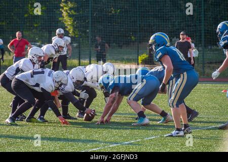 Kiev Ukraine, 15 August 2021, Players in sports uniforms on the field of playing American football. Ukrainian Championship Lvov Lions vs Kiev Capitals Stock Photo