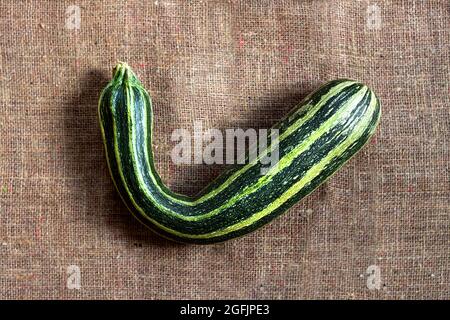 Fresh striped zucchini on sackcloth background with copy space. Flat lay, top view. Rustic style Stock Photo