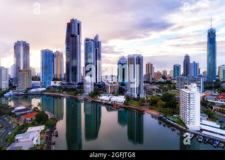 High-rise towers in Surfers paradise city of Australian Gold Coast - aerial view to Pacific ocean from Nerang river. Stock Photo