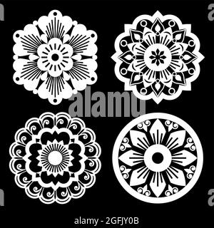 Moroccan retro vector mandala design collections, four openwork vector detailed arabic patterns with flowers, leaves and swirls in white on black Stock Vector
