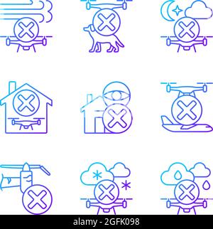 Drone restrictions gradient linear vector manual label icons set Stock Vector