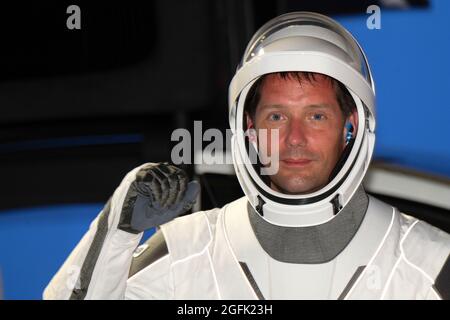 United States, Florida, Kennedy Space Center, 2021/04/23: Crew 2 Walkout and departure to launch pad 39A. SpaceX Crew 2 Walkout from NASA's Neil Armst Stock Photo