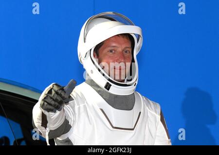 United States, Florida, Kennedy Space Center, 2021/04/23: Crew 2 Walkout and departure to launch pad 39A. SpaceX Crew 2 Walkout from NASA's Neil Armst Stock Photo