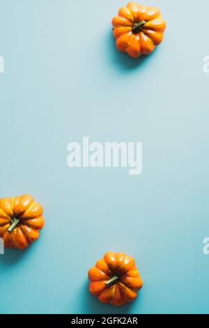 Halloween orange pumpkins on blue background. Minimal flat lay style composition, view from above. Stock Photo