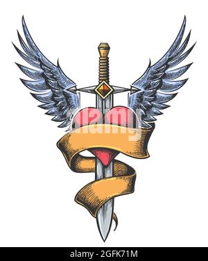 Winged Sword with Heart and banner Colorful Tattoo isolated on white. Vector illustration. Stock Vector