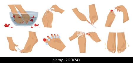 Foot spa and pedicure set, vector illustration. Foot care and cosmetic treatment. Nail art studio, beauty salon services Stock Vector