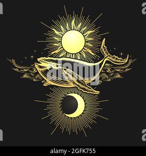 Golden Whale flying in a sky against Sun and Moon Drawn in Engraving style. Vector illustration Stock Vector