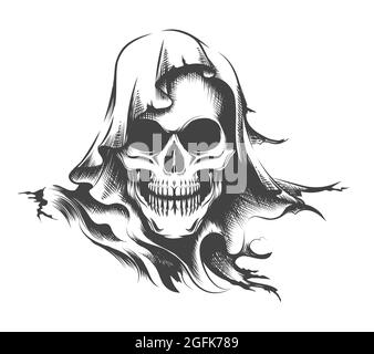 Tattoo of Skull in a Hood idrawn in engraving style isolated on white. Vector illustration. Stock Vector