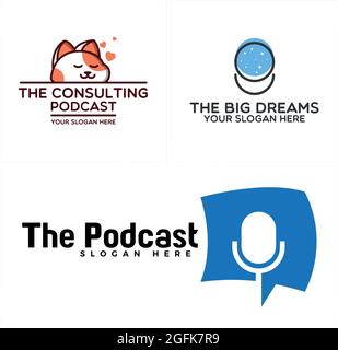 Podcast microphone and cat so cute logo design Stock Vector