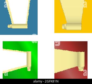 Set of realistic paper banners with rolled scrolls and transparent solid or gradient backgrounds Stock Vector