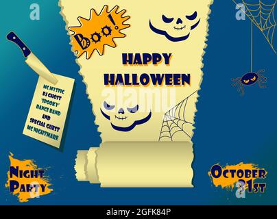 Happy Halloween party poster with realistic paper rolled scroll typography spider and scull on a blue background Stock Vector