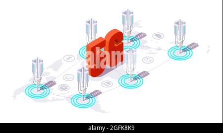 Base station antenna, communication tower for 5g high speed internet, vector isometric illustration. 5g network coverage Stock Vector