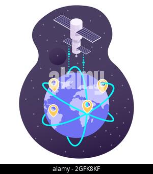 Satellite broadcasting signal from space to planet Earth, flat vector illustration. Gps and 5G high speed global network Stock Vector