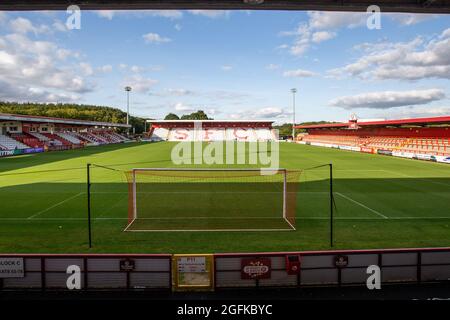 General view of modern lower league football / soccer ground. Lamex Stadium, Broadhall Way, Home of Stevenage Football Club Stock Photo