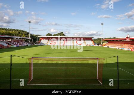 General view of modern lower league football / soccer ground. Lamex Stadium, Broadhall Way, Home of Stevenage Football Club Stock Photo