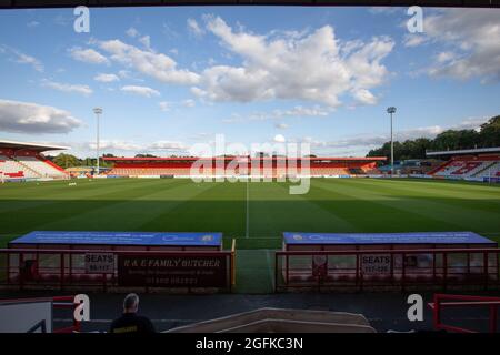 General view of modern lower league football / soccer ground. Lamex Stadium, Broadhall Way, Home of Stevenage Football Club Stock Photo