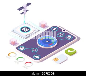 Isometric 5g smartphone with high speed internet for mobile shopping, payment transactions, communication vector concept Stock Vector