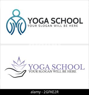 Yoga training with people hand and lotus icon vector logo design Stock Vector