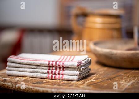 picture of traditional linen towels on the wooden table Stock Photo