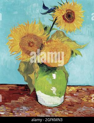 Vincent van Gogh – Vase with Three Sunflowers (1888) famous painting. Stock Photo