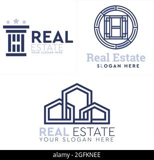 Real estate with home building and law pillar icon logo design Stock Vector