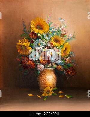 Oil painting depicting still life of flowers in vase. Macro impasto artwork. Stock Photo