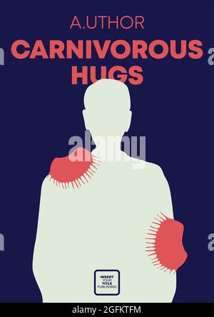Venus flytrap leaves as hands hugging young man. Book cover creative concept. Applicable for books, posters, placards etc. Stock Vector