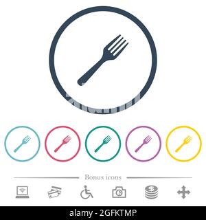 Single fork flat color icons in round outlines. 6 bonus icons included. Stock Vector