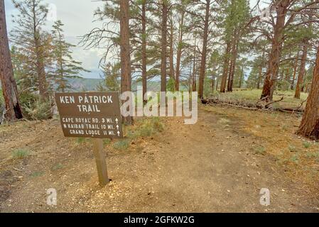 Ken Patrick Trailhead sign at Point Imperial on the north rim of the Grand Canyon Arizona. Stock Photo