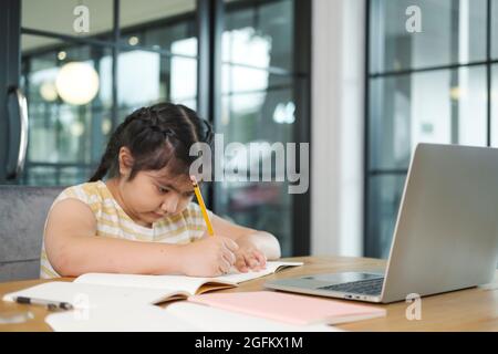 Girl children using laptop computer, studying through online. Stock Photo
