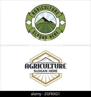 Agriculture with land field mountain emblem logo design Stock Vector