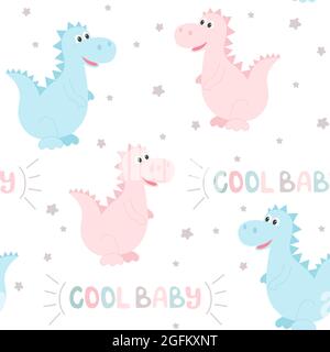 Cute dinosaurs lettering cool baby seamless pattern. Stock Vector