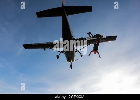 Skydiver jumping from the plane at the sunset. Stock Photo