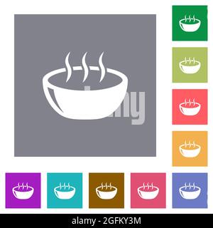 Glossy steaming bowl flat icons on simple color square backgrounds Stock Vector