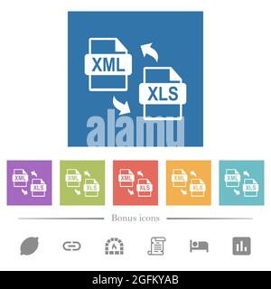 XML XLS file conversion flat white icons in square backgrounds. 6 bonus icons included. Stock Vector