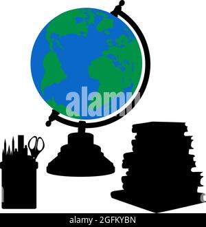 Silhouettes globe books stationery. Back to School. Illustration icon Stock Vector