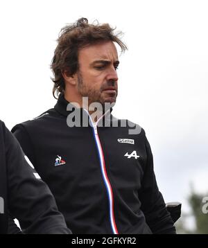 August 26th, 2021, Circuit de Spa-Francorchamps, Spa-Franchorchamps, FORMULA 1 ROLEX BELGIAN GRAND PRIX 2021, in the picture Fernando Alonso (ESP # 14), Alpine F1 Team walks with his engineers over the track. Stock Photo