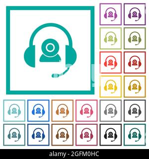 Video assistance solid flat color icons with quadrant frames on white background Stock Vector
