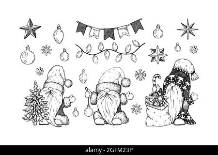 Set of hand drawn cute Christmas decoration and gnomes. Vector illustration in sketch style Stock Vector