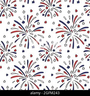 Patriotic seamless pattern with firework in USA flag colors. Vector illustration Stock Vector