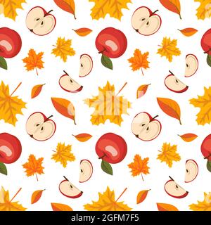 Autumn seamless pattern with maple leaves and red apples. Harvest and fall print Stock Vector
