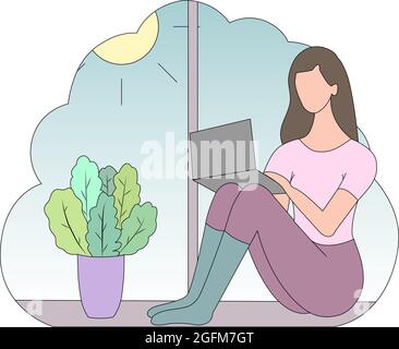 A freelance girl or a student is sitting at home on the window sill with a laptop. The concept of a home office or online training. Vector. Stock Vector