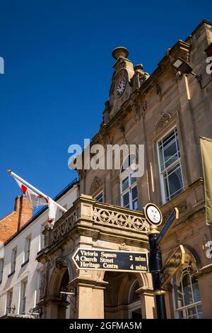 UK, England, Derbyshire, Ashbourne, Market Place, Town Hall building in old Market Hall Stock Photo