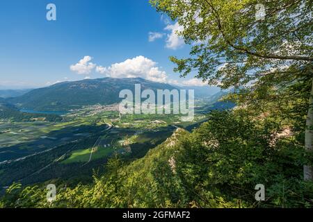 Aerial view of the small town of Levico Terme, tourist resort on the coast of Levico Lake, Valsugana, Trento, Trentino Alto Adige, Italy, Europe. Stock Photo