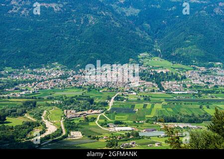 Aerial view of the small town of Levico Terme, tourist resort on the coast of Levico Lake, Valsugana or Sugana Valley, Trento, Trentino, Italy. Stock Photo