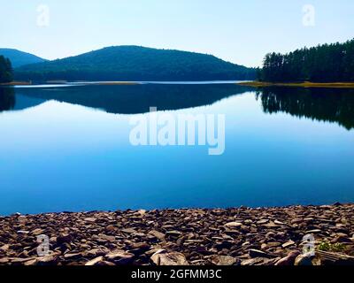 Cooper Lake, NY, the largest natural lake in the Catskills at 50% of its capacity due to drought Stock Photo