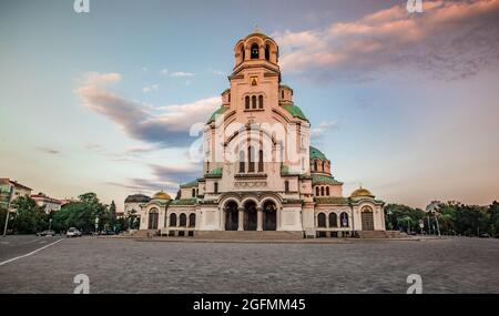 St. Alexander Nevsky Cathedral in the center of Sofia, capital of Bulgaria against the sunset sky. Stock Photo