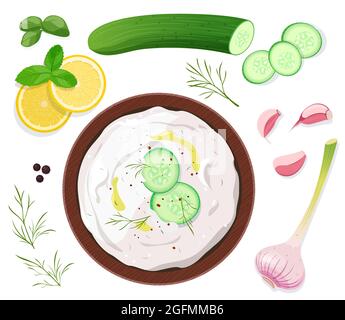 Tzatziki sauce with ingredients on white background Stock Vector